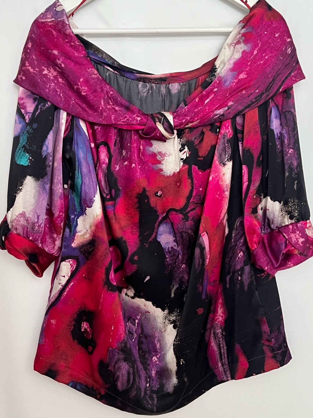 Escada Silk Fantasy Print Twist Neck Off Shoulder Blouse Top 10